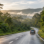 Voiture sur une route bordée de forêt tropicale en Guyane