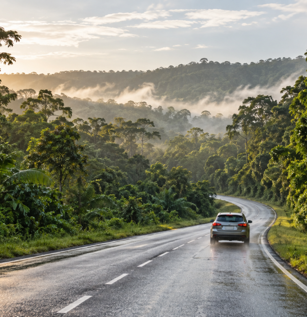 Voiture sur une route bordée de forêt tropicale en Guyane